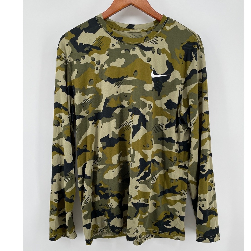 Nike Dri-FIT Camo Long Sleeve Tee Mens Large Green Athletic Cut Performance Top
